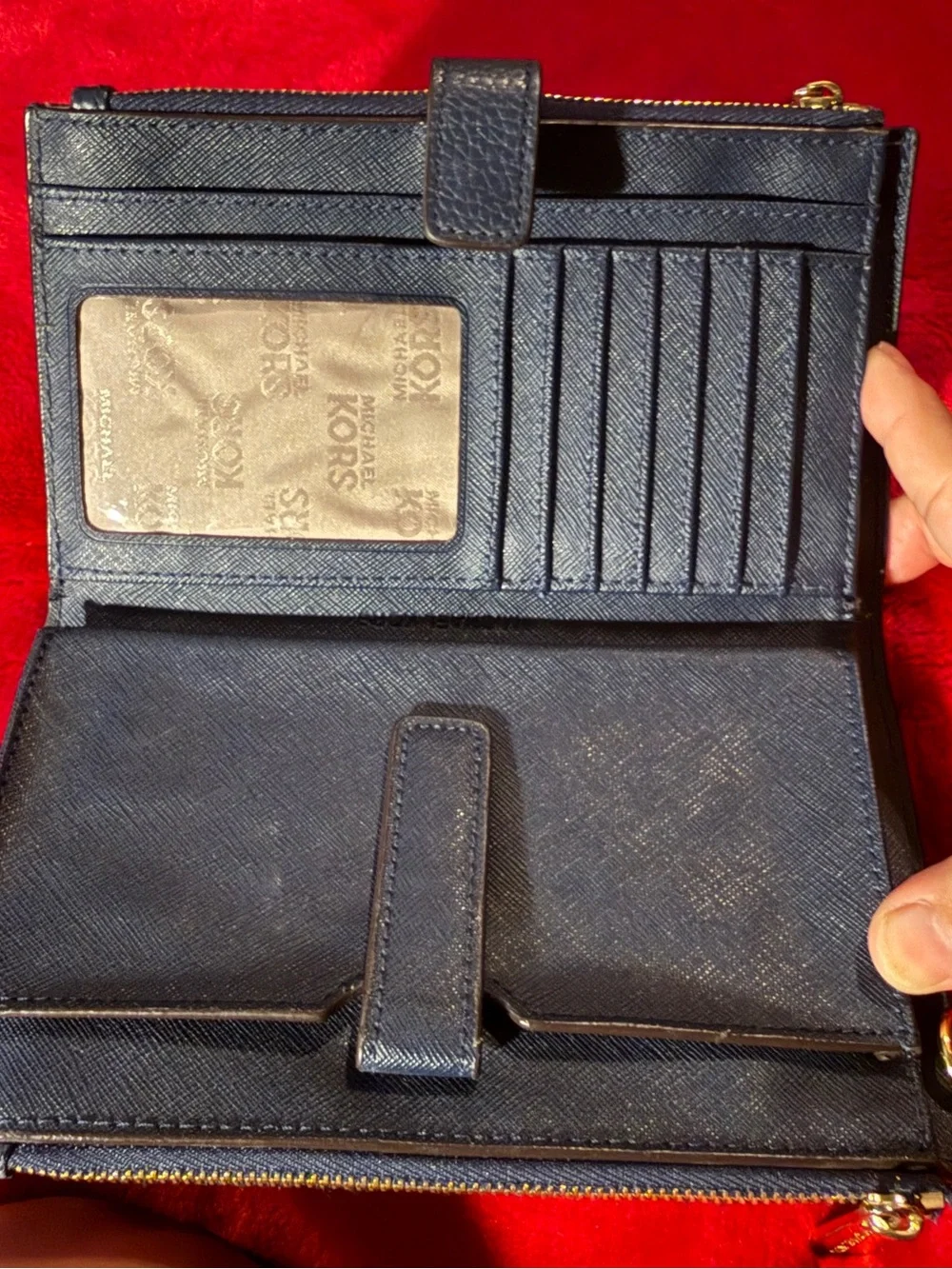 MICHAEL KORS Jet Set Navy Blue Pebbled Leather Double Zip Wallet
